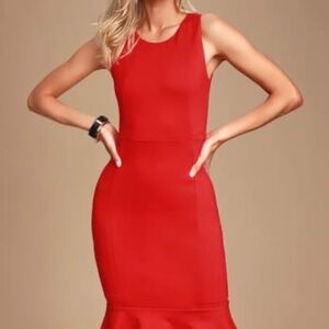 Lulus Bring the Bubbly Red Trumpet Hem Midi Dress